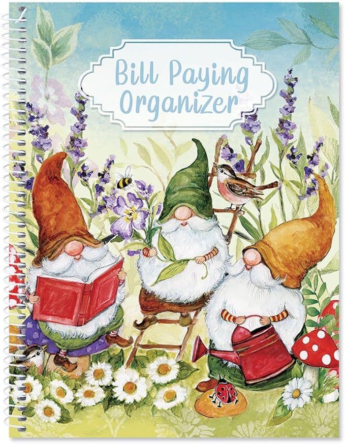 Current Sweet Gnome Bill Paying Organizer Book - 9" x 12” Personal Account Book, Spiral Bound, 14 Storage Pockets, 32 Label Stickers, Monthly Finance & Payment Management Tracker for Home & Office