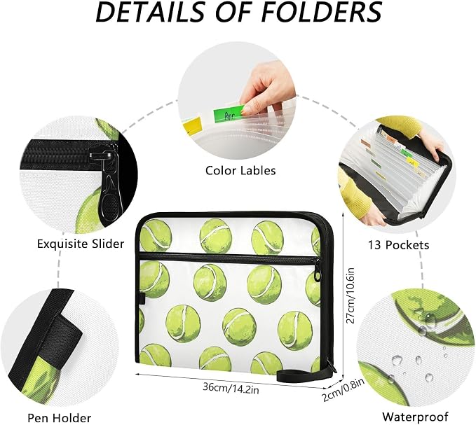Tennis Ball Sport File Folders,Plastic Folders with 13 Pockets,Expandable File Folder for Documents School Students Office,Aesthetic Folder with Labels A4 Letter Size