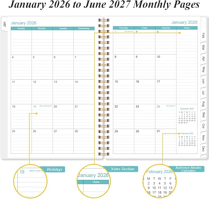 2026-2027 Monthly Planner - January 2026 - June 2027, Two Pages Per Month, 18 Monthly Calendar/Planner with Tabs, Inner Pocket, 6.4" x 8.5", Rose Flowers