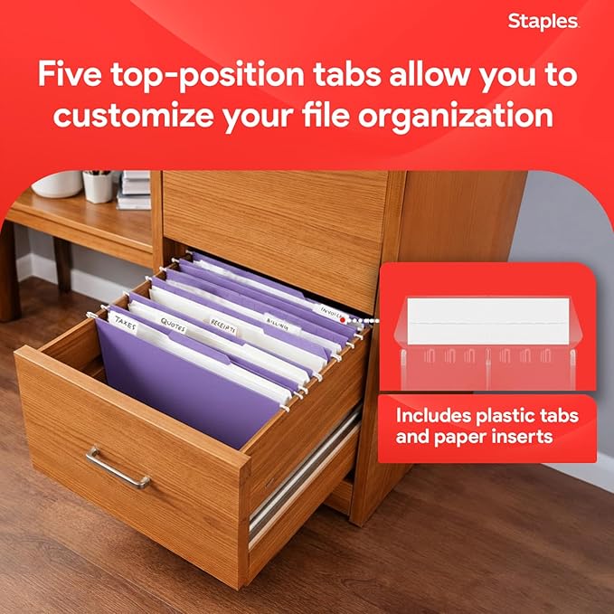Staples Hanging File Folders, Letter Size, Purple, 1/5‑Cut Tabs, Tear‑Resistant, Includes Tabs & Inserts – 25/Pack