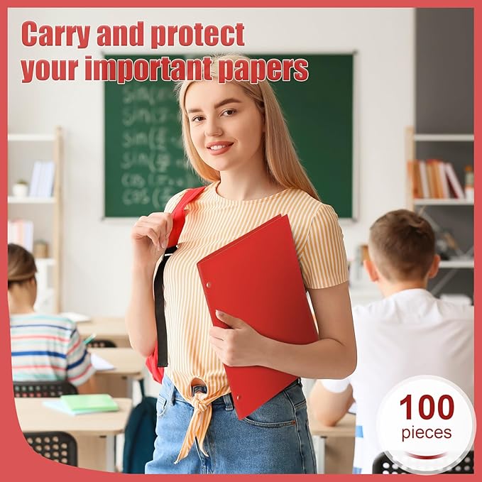 Yeaqee 100 Pcs Plastic Folders with Pockets Bulk 3 Hole Punched 2 Pocket File Folders for 3 Ring Binder Divider Folder for Notebooks, Durable Poly for Office Home (Red)