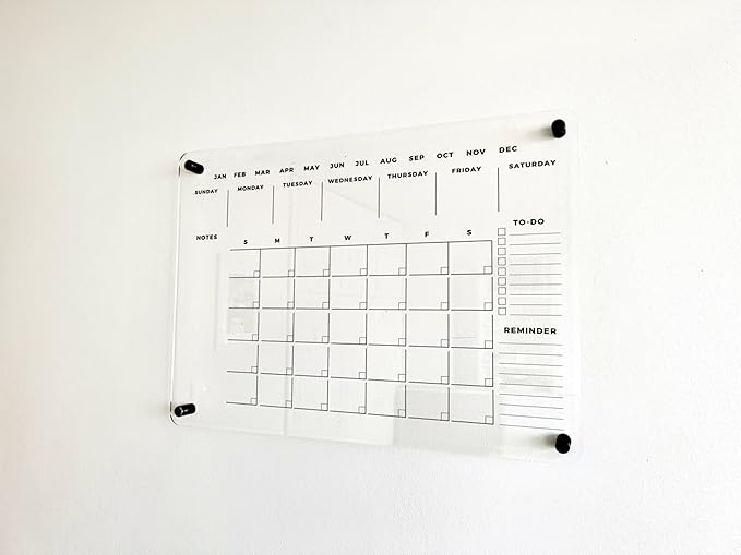 Acrylic Dry Erase Wall Calendar - Reusable Family Planner, Housewarming Gift, Horizontal Monthly Organizer Board (Black Standoff, 28"x20")