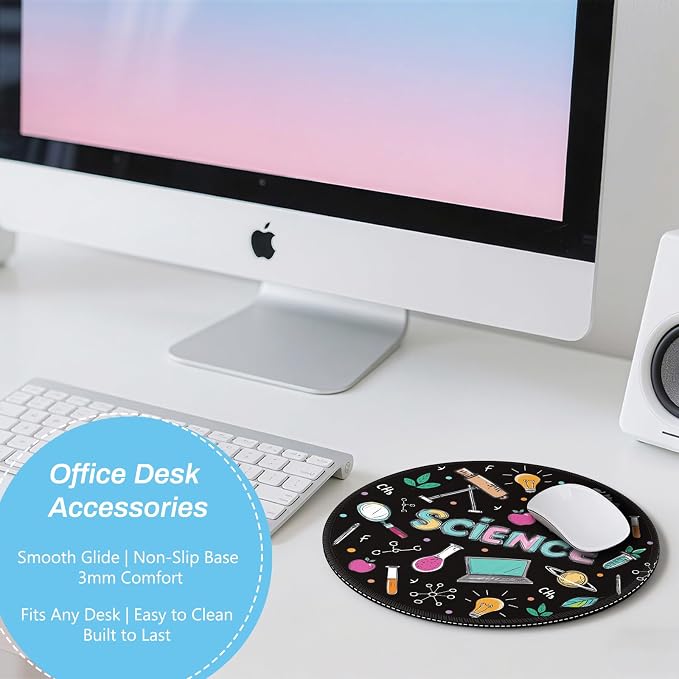 Gctriki Science Teacher Mouse Pad, 8.6" Round Funny Mousepad with Stitched Edge & Non-Slip Base, Comfortable Mouse Pads for Computer Laptop, Unique Office Decor Home Desk Accessories Gift for Teacher