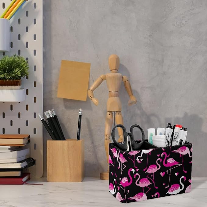 Desk Organizer Pen Holder Pink Love Heart Flamingo with Anti Slip Bottom, Decoration Office Desk Square Brush Pot, Multi-Functional PU Leather Pen Container