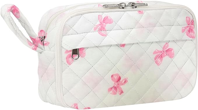 WOBAGMEN Quilted Pencil Pouch for Girls Women, Large Pencil Case Pouch with Compartments Cute Aesthetic Pencil Case Organizer, Floral Pencil Bag for School Supplies (Pink cute Bow)