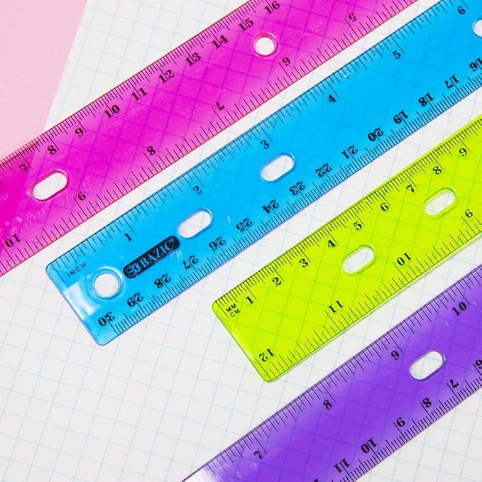 BAZIC Products Product Jeweltones Color Plastic Ruler 12 Inch 30 cm, Set of 4 Plastic Ruler, Dual Inches Centimeter Scale, Metric Measuring Rulers for Classroom, Office, & Home Use, 4/Pack, 2-Packs