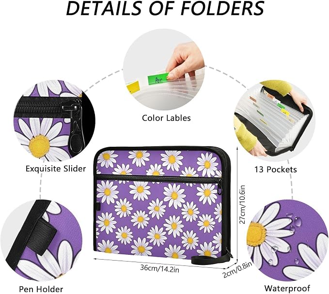 Expanding File Folder Daisies Purple Daisy Flower Accordion File Organizer 13 Pockets Document Organizer with Zipper Labels A4 Letter Office Storage