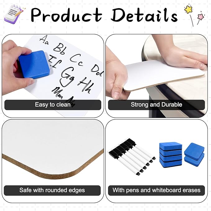 6-Pack Dry Erase Boards 5" x 7" Double-Sided Mini Whiteboard Set – Includes Markers & Erasers – Perfect for Students, Teachers, and Classroom Use