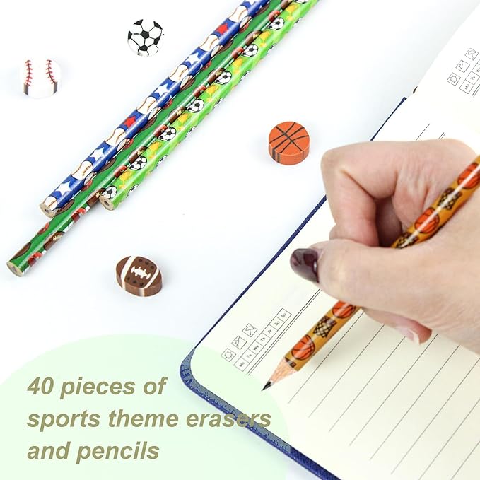 20 Pieces Sport Pencils 20 Pcs Sports Ball Erasers Sets Wooden Baseball Football Pencils Sports Themed Teachers School Stationery Class Reward
