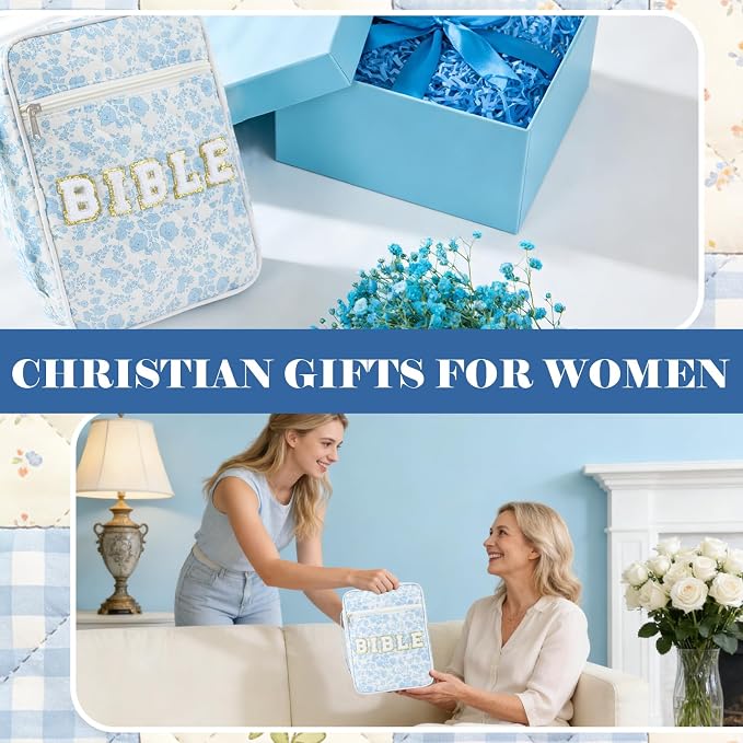 Bible Cover Case for Women, Large Chenille Letter Bible Bag with Handle, Carrying Bag with Tabs 6 Colored Pens 6 Highlighters, Back to School Study Supplies Christian Church Gifts, Blue Flower