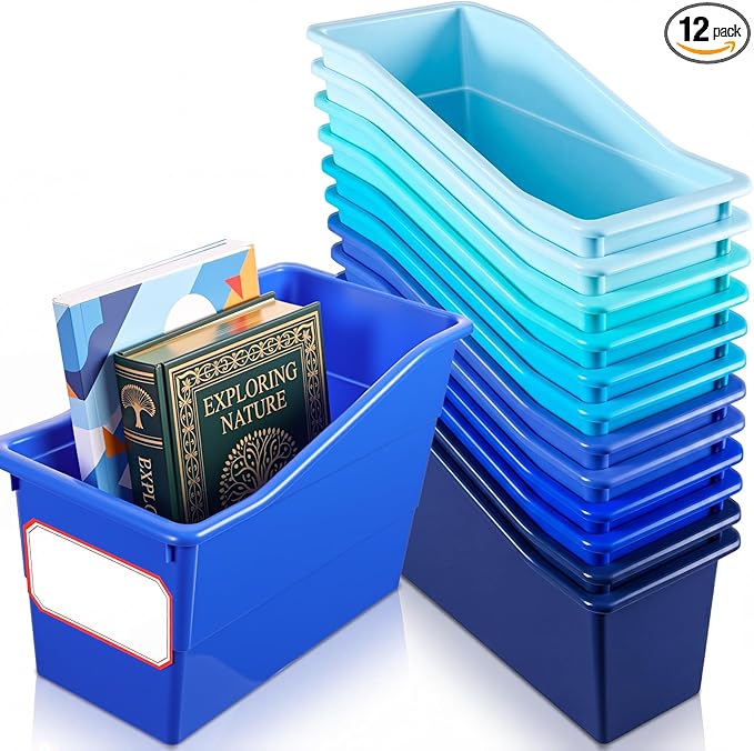 Teling 12 Pcs Book Bins Bulk - Plastic Book Storage Bin with Labels for Classroom Interlocking Magazine Holder Organizer Binder Container Box for School Office Desktop Bookshelf Home (Ocean Blue)
