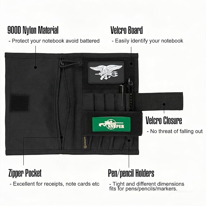 KOSIBATE Tactical Notebook Cover, Military Army Leader Book Cover, 8x5 Inch (Black)