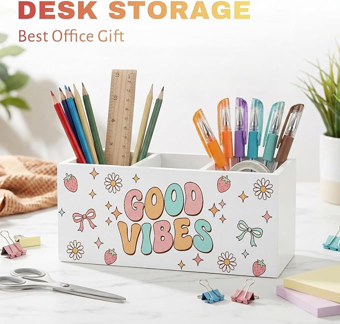 Retro Daisy Pen Pencil Holder for Office Desk Good Vibes Office Decor Gift Wooden Inspirational Organizer Desktop Decor for Girls Cute Makeup Brush Toothbrush Holder for Bathroom Desk Accessories