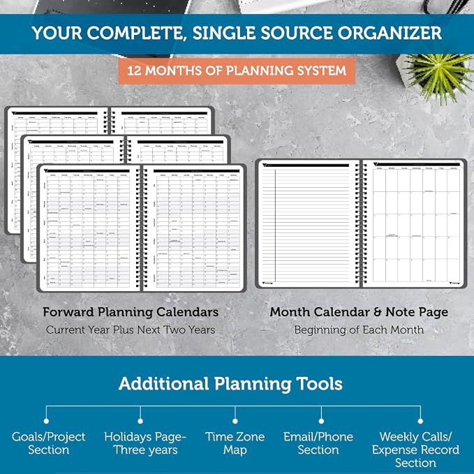 Planner Pad Spiral Bound October 2024 – September 2025 6 3/4" x 8 1/2" Medium 3-Tier Funnel Down 12 Month Organizer, Black Cover/Black Ink