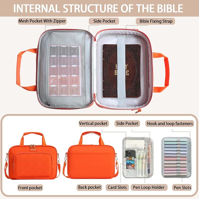 Bible Cover for Women Bible Case, Large Bible Bag, Bible Study Supplies Bible Journaling Kit Book Carrying Case with Bible Highlighters Tabs, Valentines Day Christian Gifts for Women (Orange)