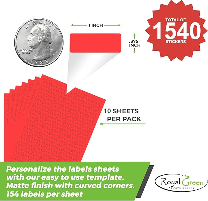 Red Sticker Label Sheets Bulk Printable Paper Labels 1 inch x 0.375 inch - 1540 Pack, 10 Sticker Sheets for Laser/Inkjet Printers with Template Included by Royal Green