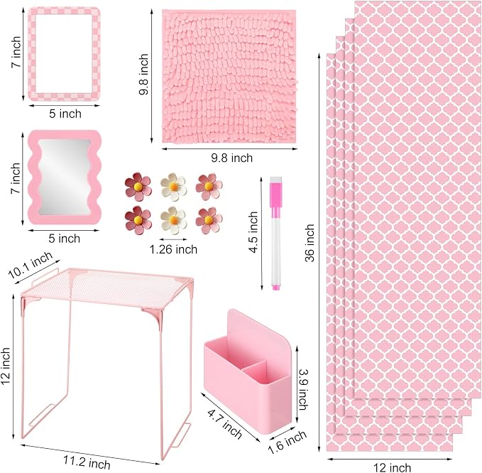 Eaasty 16 Pcs Pink Locker Accessories for Girls Locker Organizer Decorations Includes Shelf Wallpaper Magnetic Whiteboard Mirror Marker Rug Flower Magnets for Back to School Work Gym(Pink Quatrefoil)