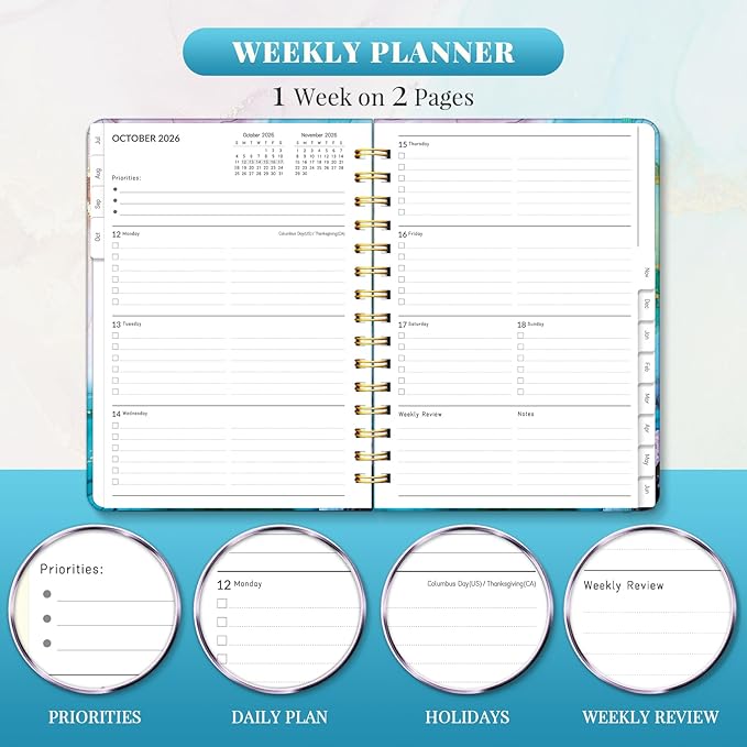 Lonely Oak Academic Planner 2026-2027, Daily Weekly and Monthly Agenda Planner 6.18" x 8.5" with Tabs, 12 Months Spiral School Year A5 Calendar from Jul.2026 to Jun.2027 for Student and Teacher (Cyan Marble)