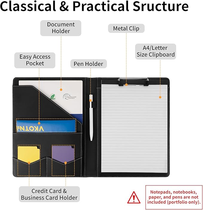 Professional Padfolio,Faux Leather Portfolio Folder Binder,Letter Size A4 Legal Writing Pad Holder for Business School Office Conference Notepad Clip Boards