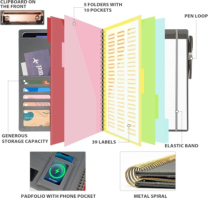 Ospelelf Clipboard with Storage for Men Women, Leather Padfolio Portfolio Organizer 5 Folders with 10 Pockets, Spiral Clipboard Folio with Notepad for Letter Size, Elastic Closure and Pen Loop Grey