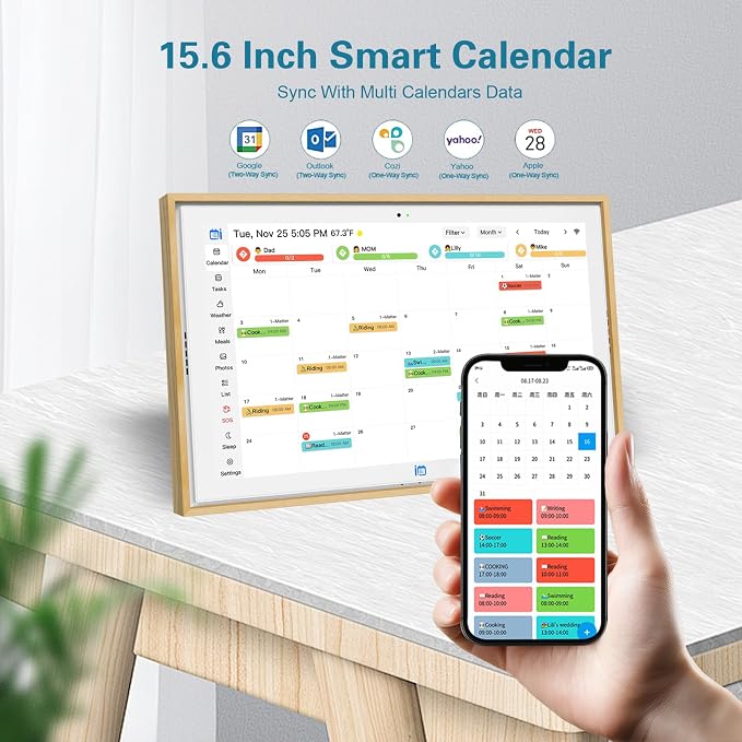 Digital Calendar 15.6 Inch Smart Family Planning & Chore Charts, FHD Smart Touch Screen Home Interactive Electron Calendar,WIFI Sync，Digital Photo Frame Function，Desktop&Wall Planner（Wooden）