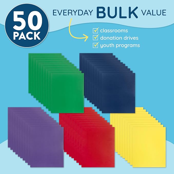 Blue Summit Supplies 50 Two Pocket Folders with Prongs Bulk, 3 Prong Folders with Pockets Bulk, Paper 2 Pocket, Designed for Office and Classroom Use, Assorted 5 Colors