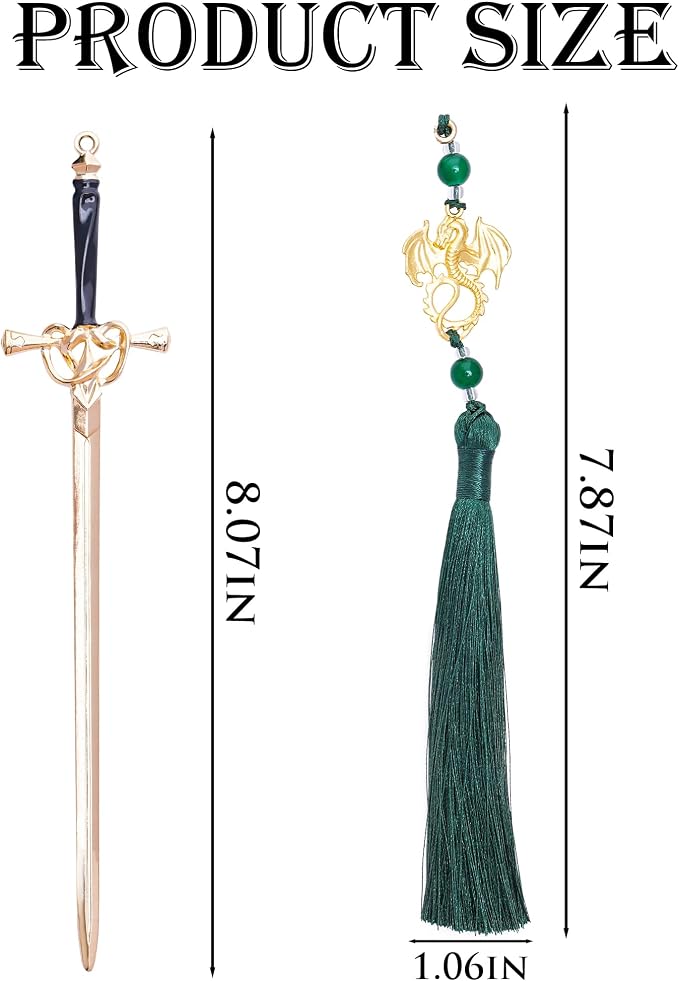 Dragon Sword Metal Bookmarks - Fantasy Fourth Wing Book Mark Gift Reading Men Cool Aesthetic Merch Green Tassels Page Marker Funny Book Lover Novel Fans Boy Student Teacher School Supplies