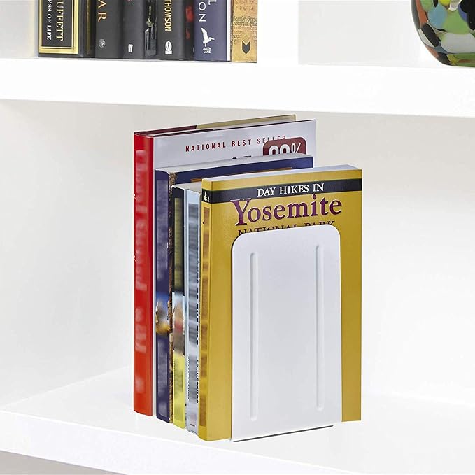 Acrimet Bookends for Shelves, Non-Skid Book Holder, Heavy Duty Book Stopper, Steel Metal Book Ends Storage for Home, Library, 6 7/8" H x 4" W x 4 1/2" D (White) (1 Pair / 2 Pieces)