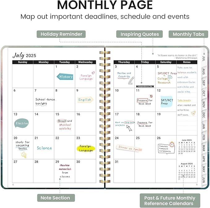 Planner 2025-2026, Academic Year Monthly and Weekly Calendar Planner, Jul 2025 - Jun 2026, Hardcover Teacher Student Planning Agenda book with Tabs, Perfect for School Office Supplies , 6.3" x 8.5" - Sunsets
