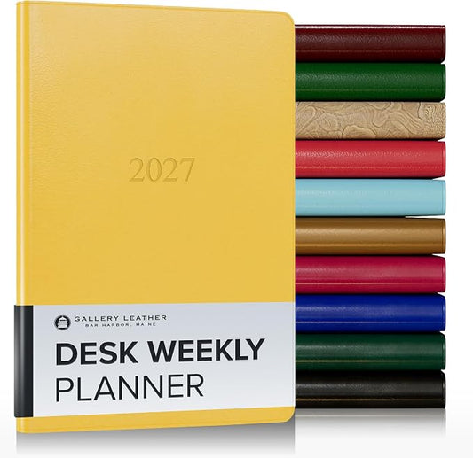 Gallery Leather Desk Weekly Monthly Planner 2027, Elegantly Bound Calendar Planner and Notebook with Stylish Gold-Gilded Page Edges, 12 Months - Caribbean Yellow - 8x5.5"