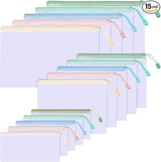 15Pcs Mesh Zipper Pouch Bags, 3 Sizes Waterproof Mesh Bag, Zipper Pouches for Organization Storage, Clear Plastic Bags for Homeschool Organization and Board Game Storage (A4 & A5 & A6)