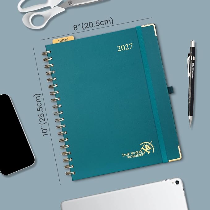 POPRUN 2027 Planner Daily Weekly and Monthly Calendar with Hourly Schedule, Monthly Tabs(Large Size 10'' x 8'' Wire-Bound Hard Cover) - Agenda 2027 (Jan.2027-Dec.2027) - Light Yellow