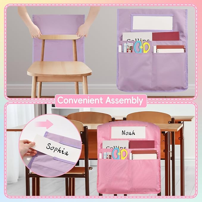 gisgfim 12 Pcs Chair Pockets for Classroom 16.7 x 19.3 Inch s with Name Tag Chairback 3 Pockets Chairs Seat Back Organizer for Elementary School Daycare Home Supply (Pastel)