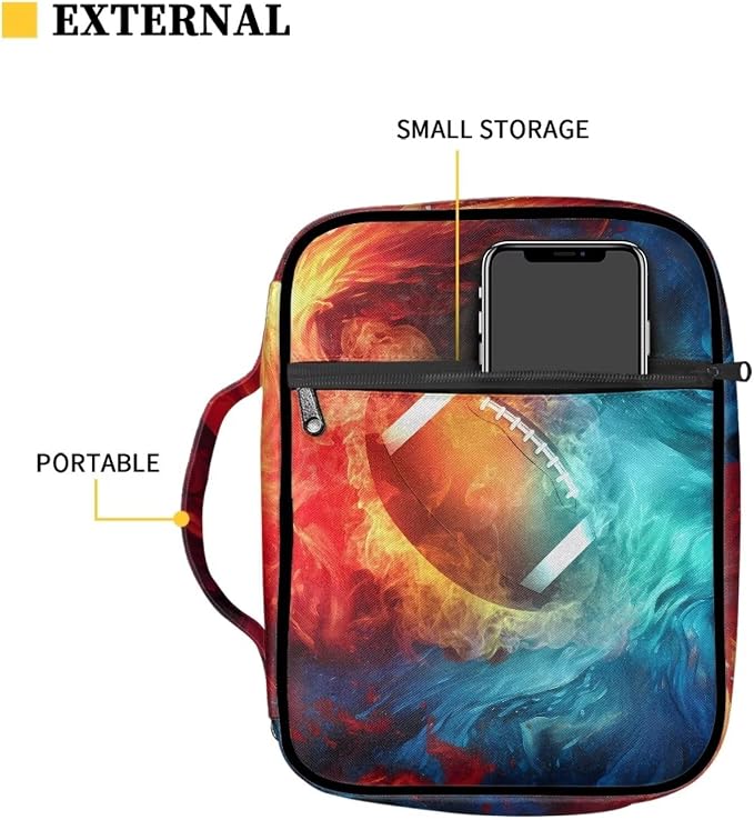 Coldinair Bible Cover Football Print Carrying Book Case Church Bag Polyester Bible Protective with Handle and Zippered Pocket Rugby On Fire Flame Bible Carrying Case