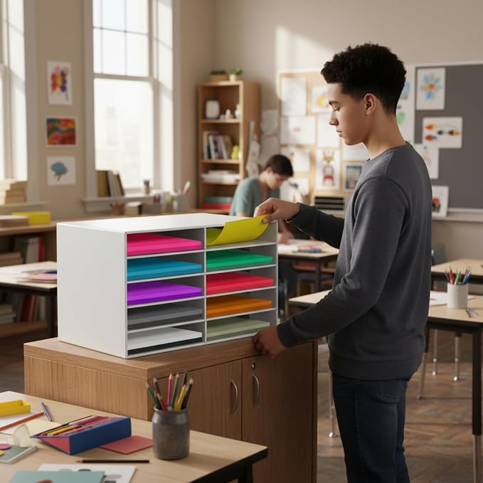 Fuutreo 2 Pcs Construction Paper Storage, Classroom Mailboxe, Back to School Literature Sorter, Sturdy Cardboard Paper Organizer for Teacher, Student, Office, 29.5" x 14.2" x 12.4"(10 Slots,White)