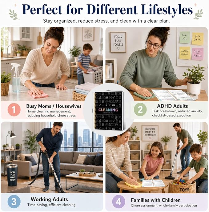 Adhd Cleaning Planner for Adults Women, Cleaning Schedule and Checklist Organizer, Household Cleaning Planner with Daily/Weekly/Monthly Task,for Home, Family Cleaning Tasks, DIY Home Improvement - White