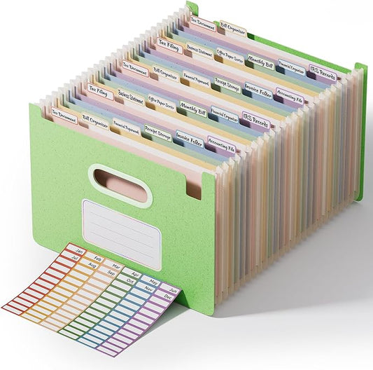 ThinkTex 26-Pocket Accordion File Organizer, Upright Open Top, Monthly Tabs, High Capacity Wheat Straw Expanding File Folder, Fits Letter A4 & Manila Folders for School Home Office -Grass Green