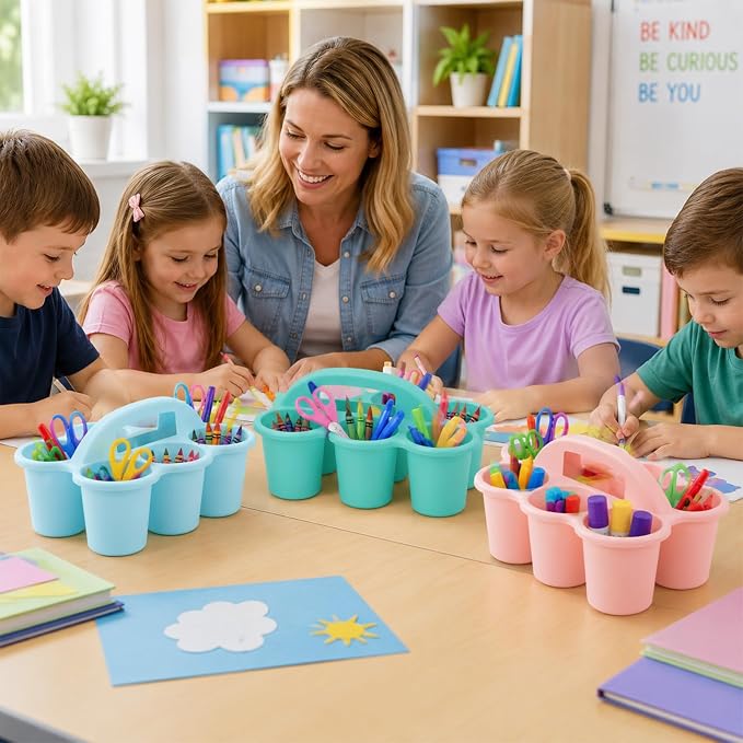 Plastic Caddy with Handle Set of 6 Classroom Caddy Organizer Cup Caddies Water Bottle Storage Crayon Caddies Plastic Cup Holder Drink Carrier for School Home Office Supplies (Pink Purple)