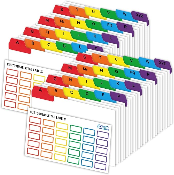 Chell 4x6 Index Card Dividers, Heavyweight A-Z Tabbed Guides, 110 lb. Cover Weight, with Blank Stickers, 2 Sets