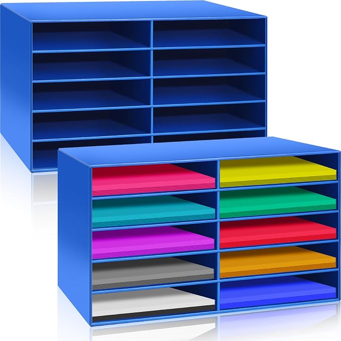 Fuutreo 2 Pcs Construction Paper Storage, Classroom Mailboxe, Back to School Literature Sorter, Sturdy Cardboard Paper Organizer for Teacher, Student, Office, 29.5" x 14.2" x 12.4"(10 Slots,Blue)