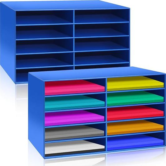 Fuutreo 2 Pcs Construction Paper Storage, Classroom Mailboxe, Back to School Literature Sorter, Sturdy Cardboard Paper Organizer for Teacher, Student, Office, 29.5" x 14.2" x 12.4"(10 Slots,Blue)