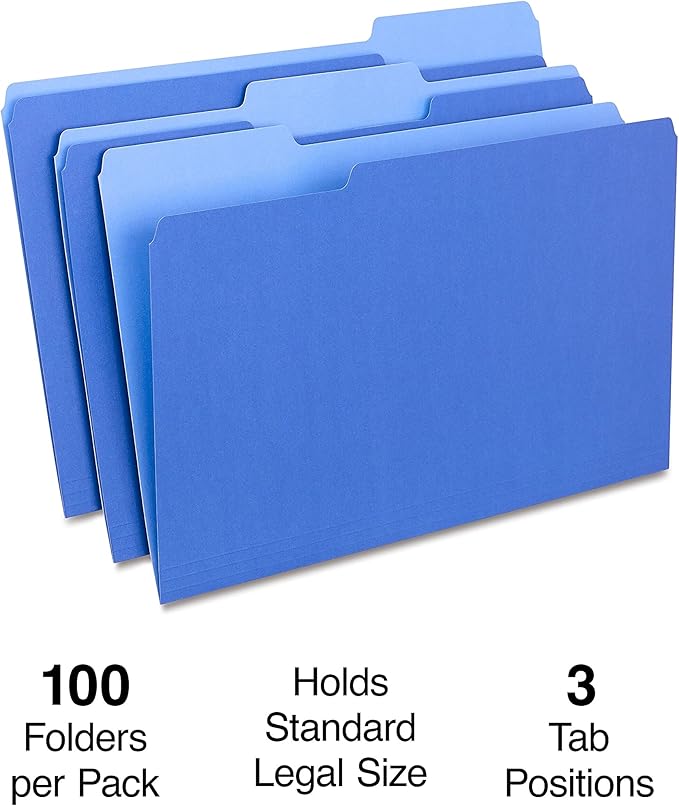 Staples File Folders, Legal Size, 1/3‑Cut Tabs, Blue, Durable Paper Stock, 200/Carton