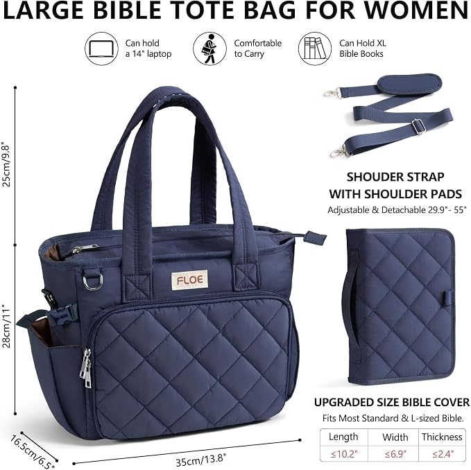 Large Bible Bag w/Bible Cover Case for Women, Puffer Bible Tote Bag Quilted Church Bag Carrying Case w/Shoulder Strap, Bible Study Supplies Journaling Kit Accessories Women Christian Mothers Day Gifts