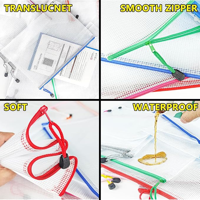 D-KINGCHY 24Pcs Zipper Storage Bags, Plastic Mesh Zippered Pouch for Organization, Waterproof Versatile Bags for Office Supplies School Travel (A5 Size 9.2''x6.7'', Assorted Color Zipper)