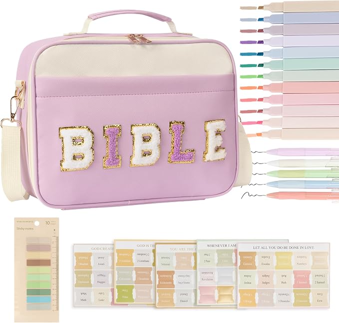 Bible Cover for Women Large Leather Western Bible Case with Study Supplies Purple Bible Cover Bags for Teen Girls Organizer (Purple, Large)
