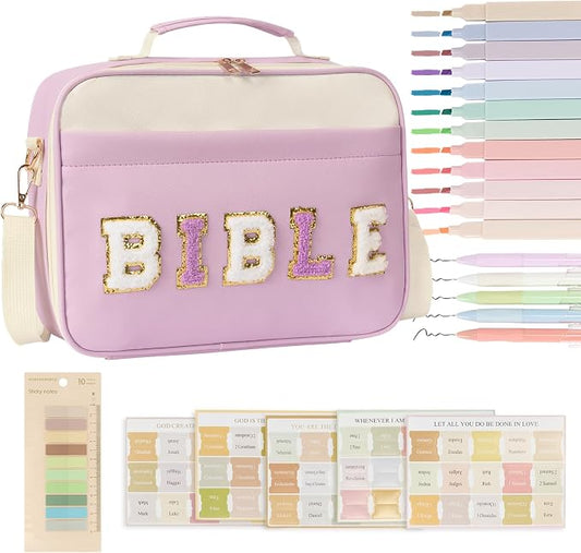 Bible Cover for Women Large Leather Western Bible Case with Study Supplies Purple Bible Cover Bags for Teen Girls Organizer (Purple, Large)