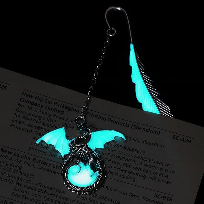 Jeffdad Feather Dragon Bookmark - Glow in The Dark Fantasy Bookmark Gifts for Women & Men (Silver Dragon)