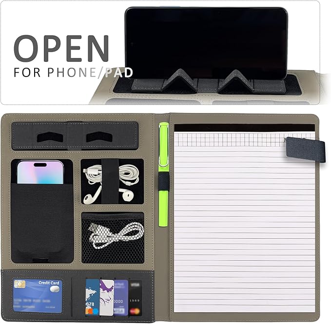 Business Folder with Clasp Design, Multi-Pocket Organizer Notebook, Including Phone Stand, Multiple Pockets, Pen Holder&Card Slots for Office Meetings, Teaching Training, and Men's Gifts（Black）