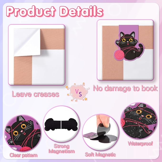 JSRQT 6 Pack Magnetic Bookmark Cute Cats Book Marks Page Markers Book Markers Clip for Students Teachers Assorted Cat Bookmarks for Women Men Funny Book Lovers Gifts Personalised Bookmark