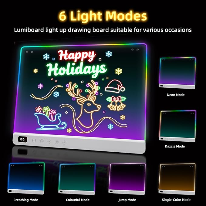 Rechargeable Led Drawing Board for Kids, Light Up Drawing Pad with 8 Color 6 Modes, Neon Glow Dry Erase Board with Built-in Stand, 7 Markers & Tracing Book, Gifts for Christmas Birthday Gifts Presents